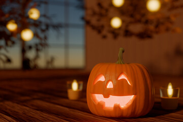 Halloween jack o'lantern pumpkin growing on wooden table with candles in cozy room. 3d rendering