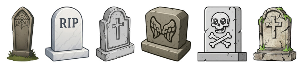 Gravestone set including RIP, cross, spiderweb, wings, skull, and mossy designs isolated. Halloween decoration and game asset collection.