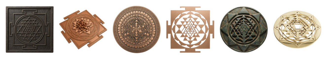 Obraz premium Sri Yantra set including stone, copper, antique, and gold variations isolated. Sacred geometry and spiritual symbols collection.