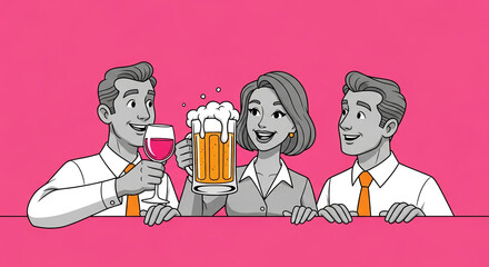 Illustration of three colleagues toasting with drinks, showcasing teamwork and celebration, features free space ideal for text or advertisement