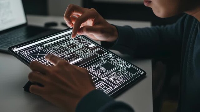 Engaging medium frame of a user actively editing wireframe components on a tablet using multitouch input for responsive interface design.