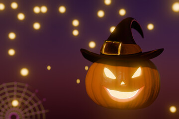 Glowing halloween jack o'lantern with witch hat and spiderweb decoration. 3d rendering