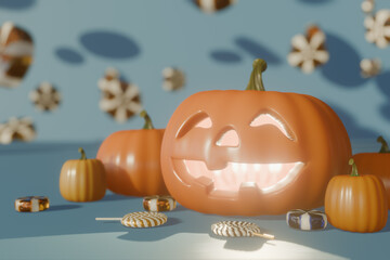 Halloween carved pumpkins glowing with smiling faces on a festive blue background. 3d rendering