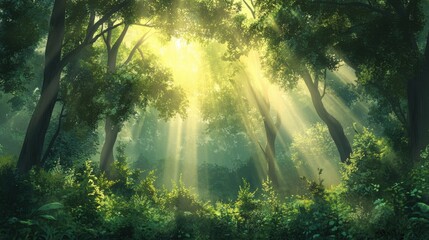 Sunlight filtering through the canopy of a lush green forest, creating dramatic light rays and illuminating the undergrowth
