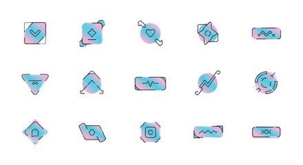Enhance your UI with a futuristic vector icon set. These abstract cyber buttons and symbols with a holographic light effect are perfect for British tech brands