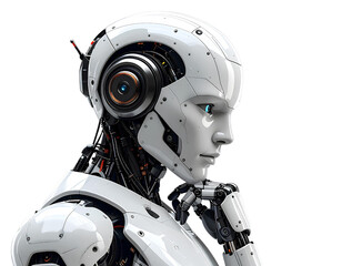 AI Robot Thinking, Side View, Isolated on a Transparent Background.