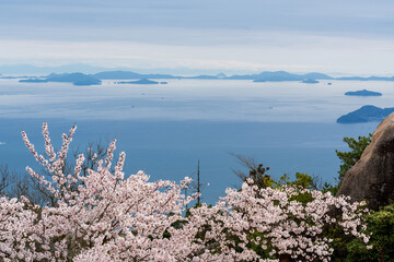 Islands of the Seto Inland Sea with cherry blossoms in full bloom in the spring. View from Mount Misen, Itsukushima (Miyajima) Island, Hiroshima, Japan.