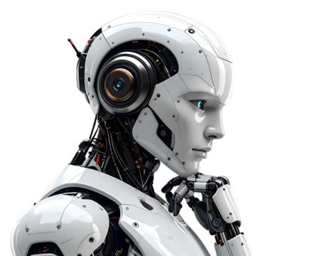AI Robot Thinking, Side View, Isolated on a Transparent Background.