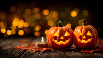 Two glowing jack-o'-lantern pumpkins with candle and autumn leaves on wooden surface with warm bokeh lights
