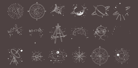 Astronomy and space icons, celestial objects, planets, telescopes, star maps, compass, constellation charts, scientific instruments, cosmic and planetary symbols © Maisa