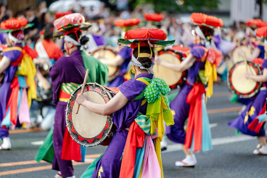 Spectacle of Traditional Sansa Odori and the World's Best Taiko Drum Parade, a highlight of the Morioka Sansa Odori Festival 2024, showcasing cultural pride. Morioka, Japan.