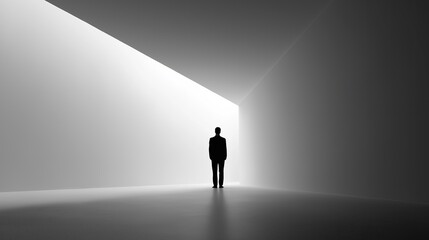 Silhouette of a man in a suit, standing alone in a wide empty space, clean lines.