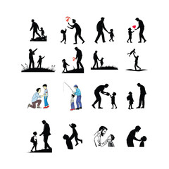 Black and white vector silhouettes of various people playing sports, including football, soccer, tennis, and basketball, Father And Son Silhouette Illustration  
