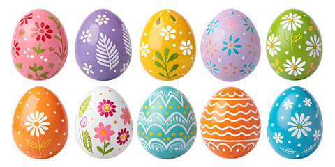 Colorful Hand-Painted Easter Eggs PNG Set &ndash; Glossy Decorative Eggs with Flowers, Leaves & Zigzag Patterns, Transparent Background, No Shadows