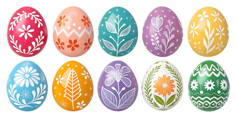 Colorful Hand-Painted Easter Eggs PNG Set &ndash; Glossy Decorative Eggs with Flowers, Leaves & Zigzag Patterns, Transparent Background, No Shadows
