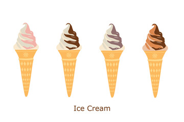 Ice cream vector set. Four chocolate and soft pink ice cream in a waffle cone. Melted ice cream