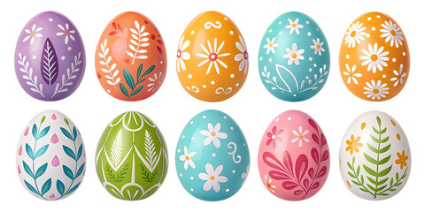 Colorful Hand-Painted Easter Eggs PNG Set &ndash; Glossy Decorative Eggs with Flowers, Leaves & Zigzag Patterns, Transparent Background, No Shadows