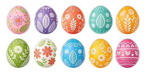 Colorful Hand-Painted Easter Eggs PNG Set &ndash; Glossy Decorative Eggs with Flowers, Leaves & Zigzag Patterns, Transparent Background, No Shadows