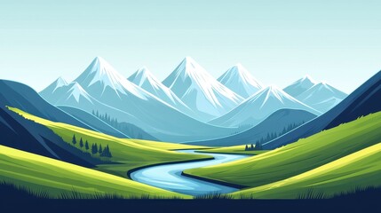 Pixel art landscape of a serene mountain range with snowcapped peaks and a winding river through green rolling hills under a clear sky