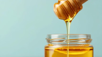 Golden honey dripping from a wooden dipper into a glass jar on light background. - Powered by Adobe