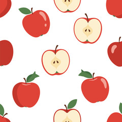 A seamless pattern of delicious red apples and freshly cut apple halves