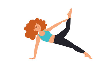 A redhaired woman does a yoga pose with one leg straight up in the air and her right arm held above her leg