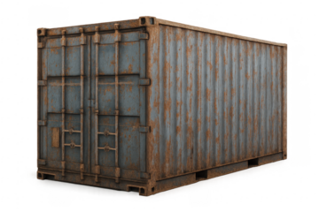 Rusty shipping container on transparent background with closed doors