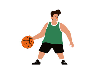 Basketball player in green jersey dribbling orange ball