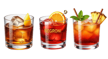 Three refreshing cocktails sit side-by-side, each adorned with citrus and ice, ready for enjoyment.