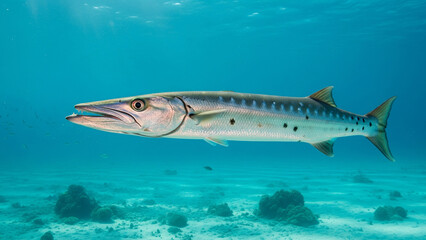 Fototapeta premium Great Barracuda Swimming Over Sandy Seabed in Tropical Ocean 