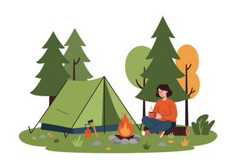 Camping scene with a tent campfire woman holding a mug and surrounding trees