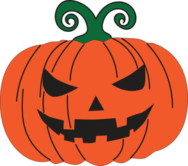 Evil Halloween pumpkin with a scary face, fangs, and a green stem with tendrils.