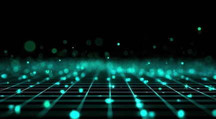 Teal digital grid with glowing particles.  Abstract, futuristic, and technology-inspired.  Glowing teal circles and particles on a dark background, arranged in a grid pattern