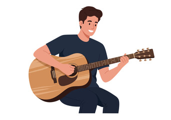 Cartoon man plays a wooden acoustic guitar smiling