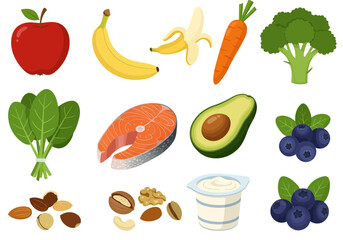 Food items apple banana carrot broccoli spinach salmon avocado blueberries nuts and yogurt