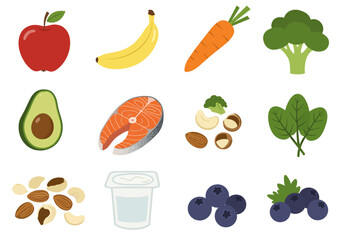 Food collage apple banana carrot broccoli avocado salmon nuts spinach yogurt and blueberries