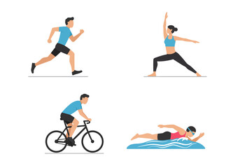 Four active figures a runner yoga pose cyclist  swimmer on white
