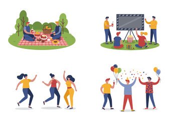 Four isolated event illustrations depicting a picnic outdoor movie women dancing and a celebration