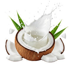Coconut milk splash with leaves isolated on a transparent background