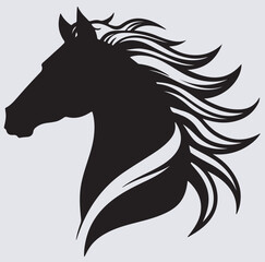 horse head logo with flowing mane silhouette vector art illustration, horse head silhouette isolated on white