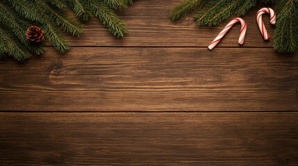 A festive arrangement features gifts, candy canes, and pine branches on a wooden table with plenty of copy space, evoking the spirit of Christmas and New Year celebrations