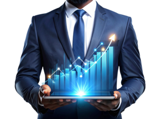 Businessman in Formal Suit Holding Tablet with Holographic Financial Graphs, isolated on transparent background