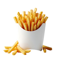 Golden fries in a white paper container