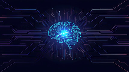 Glowing blue digital brain illuminates futuristic circuitry and data flow