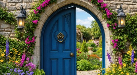 Enchanting Blue Garden Doorway Leading to a Secret Oasis