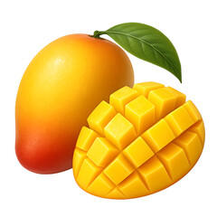Ripe Mango with Cubed Sections and a Green Leaf
