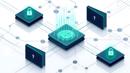 Digital network security with blockchain technology and padlock icons