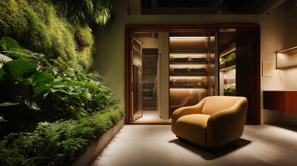 cozy guest room featuring inviting armchair surrounded by lush greenery creating peaceful retreat
