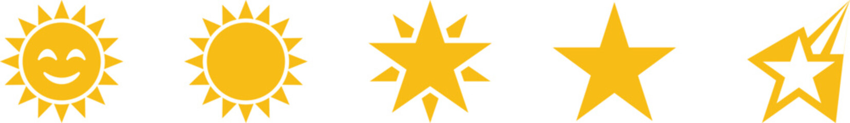 Yellow sun and star icons set in flat style. Bright sunshine, smiley sun, and shining stars illustration for graphic design. Vector symbols for summer, energy, rating, and astronomy themes.