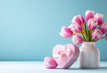 Obraz premium Pink tulips and gift box on pastel background